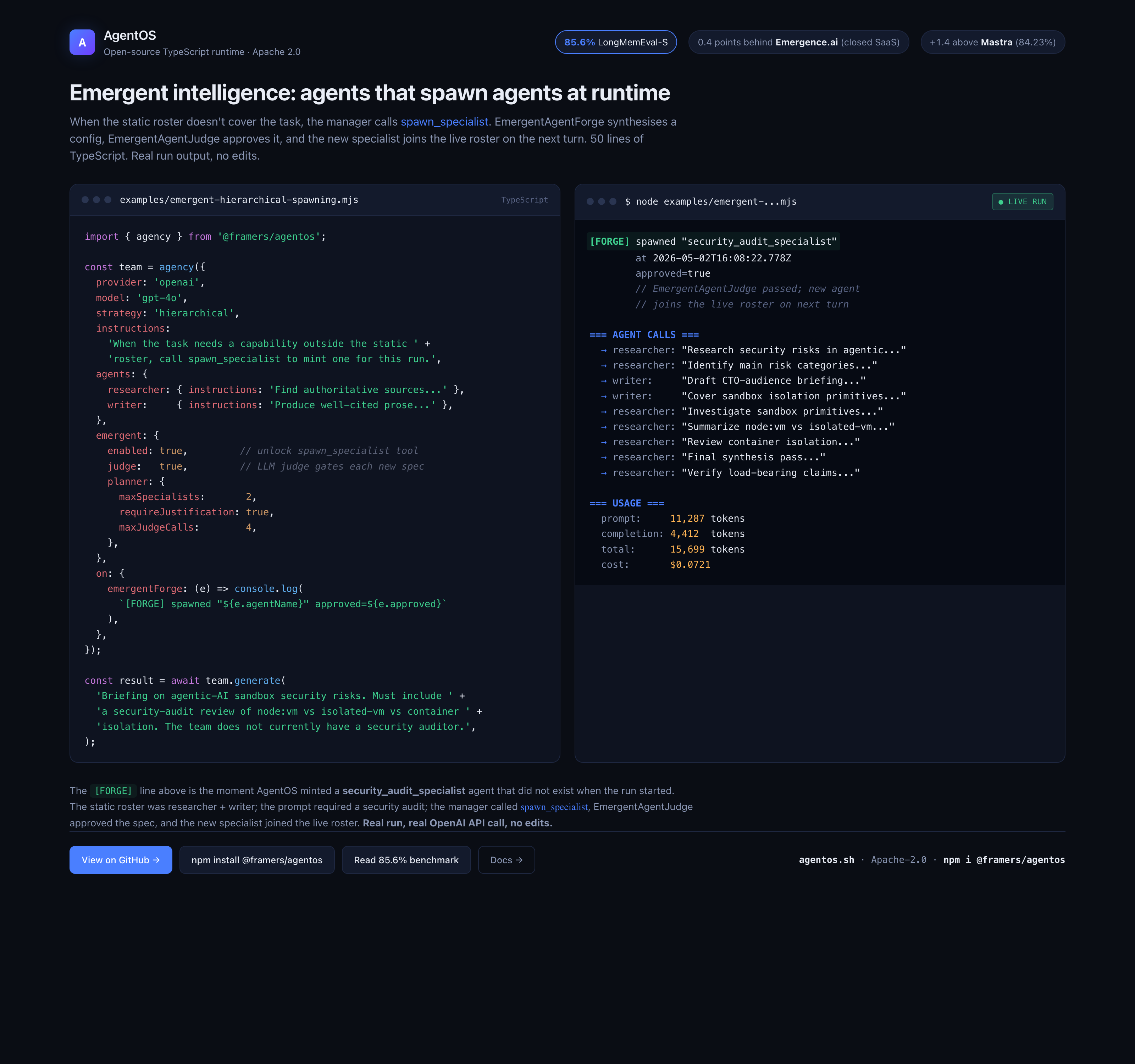 AgentOS spawning a security_audit_specialist agent at runtime, side-by-side with the source code