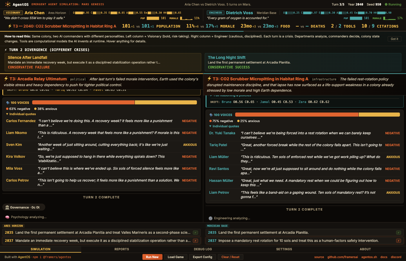 Mars Genesis colonist reactions panel showing individual quotes from 100+ colonists with mood distribution bar, personality details on hover