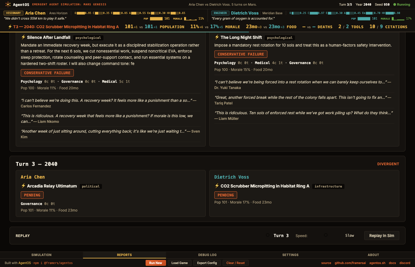 Mars Genesis game report showing side-by-side turn comparison with crisis titles, decisions, outcomes, department stats, and colonist quotes