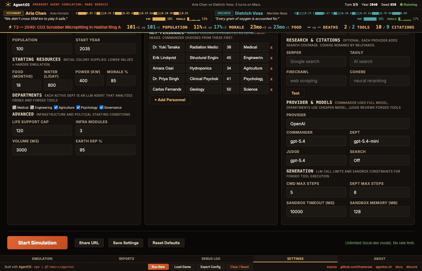Mars Genesis settings panel with HEXACO personality sliders, leader configuration, starting resources, department toggles, API keys, and model selection